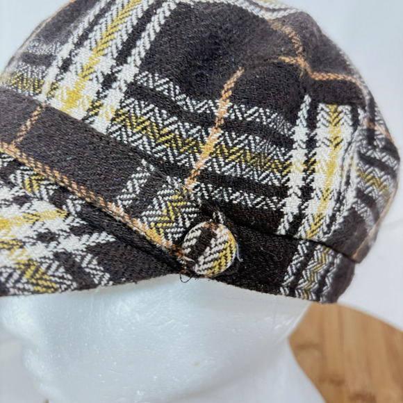 Plaid Newsboy Brown White Yellow Hat Cap Womens Preppy Retro Driving Wool Blend - Picture 3 of 10
